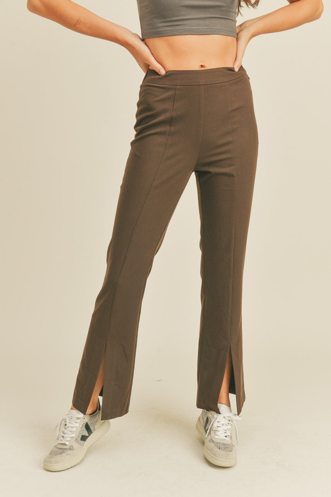 Chocolate Brown High Rise Split Hem Pants