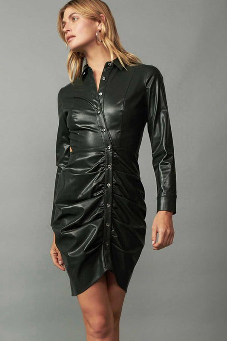 Deep Forest Mini LSLV Dress W/ Asymmetrical Buttons