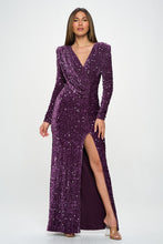 Dark Violet Long Sleeve Velvet Sequin Maxi Dress