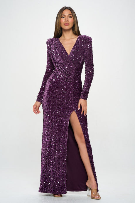 Dark Violet Long Sleeve Velvet Sequin Maxi Dress