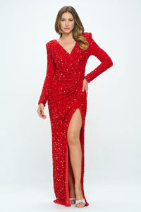 Red Violet Long Sleeve Velvet Sequin Maxi Dress