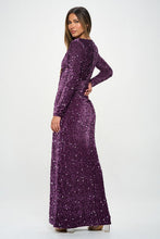 Dark Violet Long Sleeve Velvet Sequin Maxi Dress