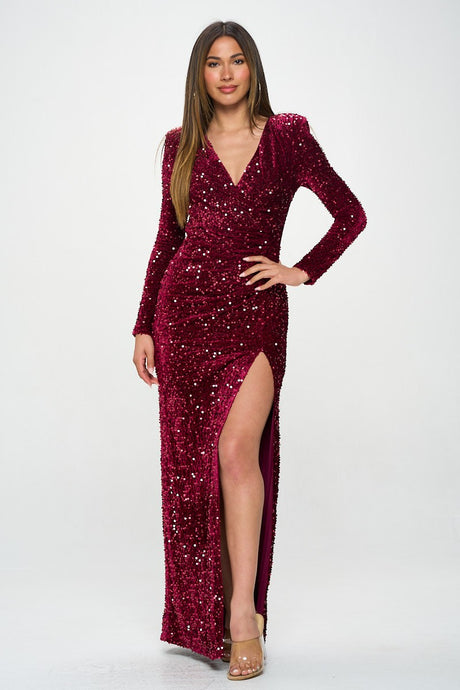 Berry Long Sleeve Velvet Sequin Maxi Dress