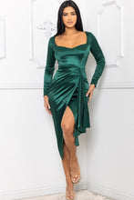 Hunter Green Satin Square Neck Ruched Midi Dress