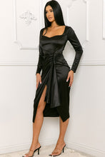 Black Satin Square Neck Ruched Midi Dress