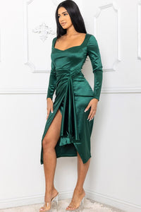 Hunter Green Satin Square Neck Ruched Midi Dress