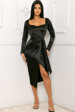 Black Satin Square Neck Ruched Midi Dress