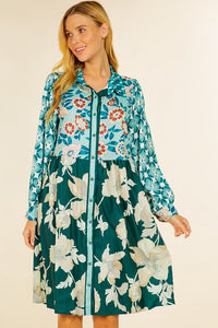 Green Floral Print Long Sleebe Button Down Belted Dress