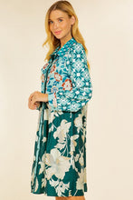 Green Floral Print Long Sleebe Button Down Belted Dress