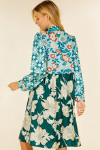 Green Floral Print Long Sleebe Button Down Belted Dress