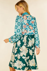 Green Floral Print Long Sleebe Button Down Belted Dress