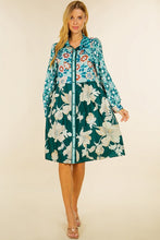 Green Floral Print Long Sleebe Button Down Belted Dress