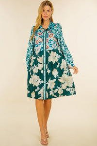 Green Floral Print Long Sleebe Button Down Belted Dress