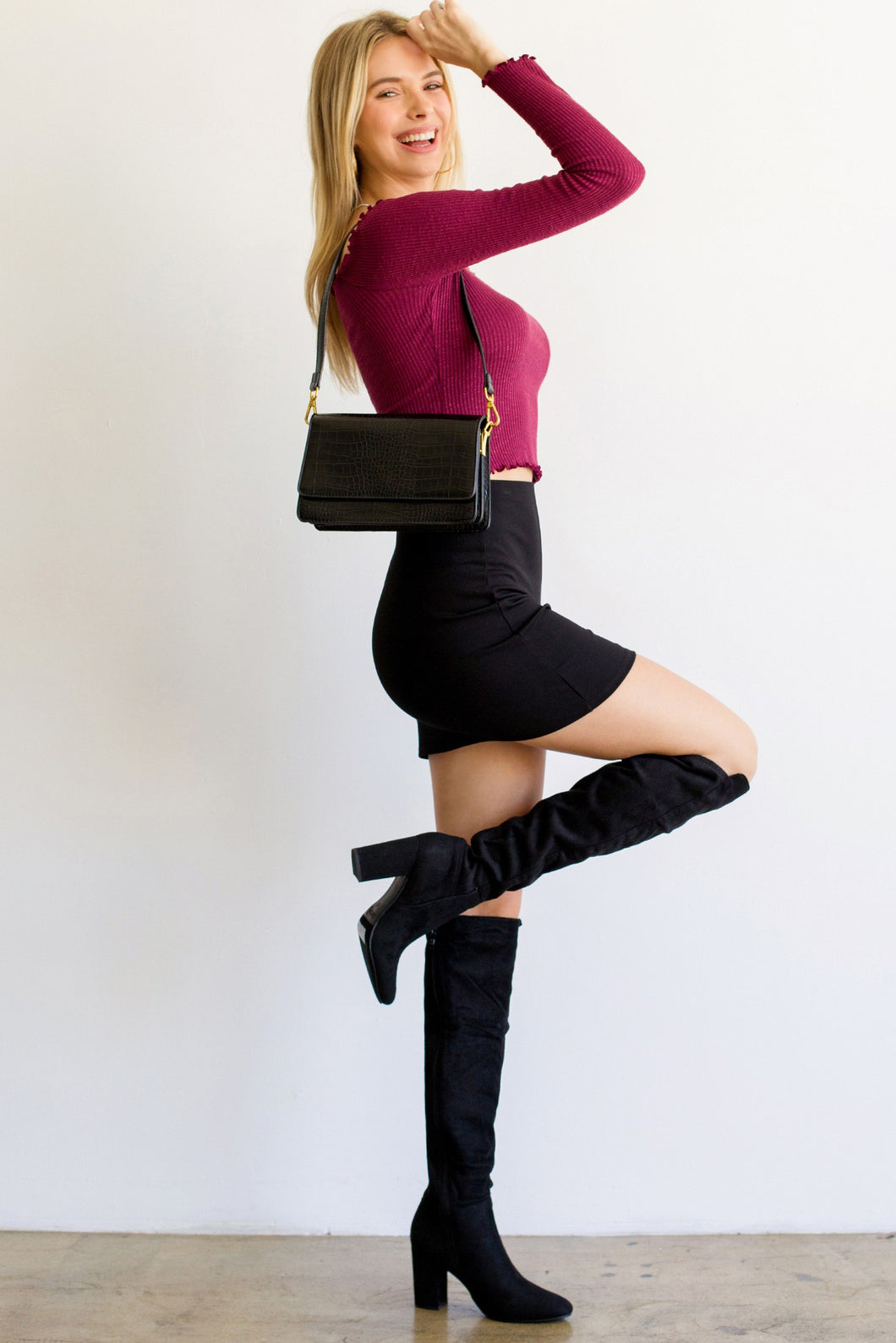 Black Women's Faux Suede Block Heel Knee High Boot