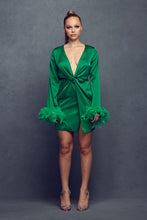 Emerald Satin Feather Trim Mini Dress