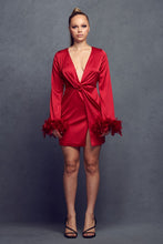 Red Satin Feather Trim Mini Dress