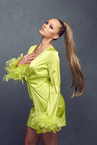 Chartreuse Satin Feather Trim Mini Dress