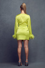 Chartreuse Satin Feather Trim Mini Dress