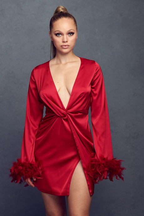 Red Satin Feather Trim Mini Dress