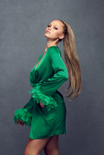 Emerald Satin Feather Trim Mini Dress