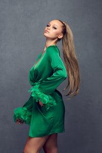 Emerald Satin Feather Trim Mini Dress