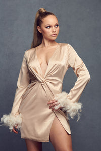 Champagne Satin Feather Trim Mini Dress