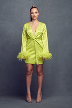 Chartreuse Satin Feather Trim Mini Dress