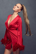 Red Satin Feather Trim Mini Dress