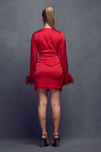 Red Satin Feather Trim Mini Dress