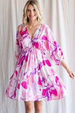 Hot Pink Swirl 3/4 Bubble Sleeves V-Neck Dress
