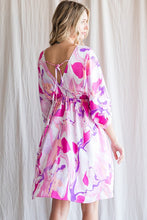 Hot Pink Swirl 3/4 Bubble Sleeves V-Neck Dress