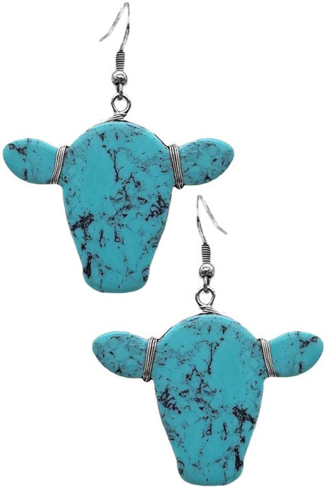 Turquoise Wired Cow Shape Gemstone Dangling Earring