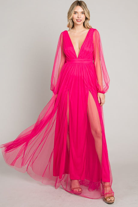 Fuschia Mesh Long Dress