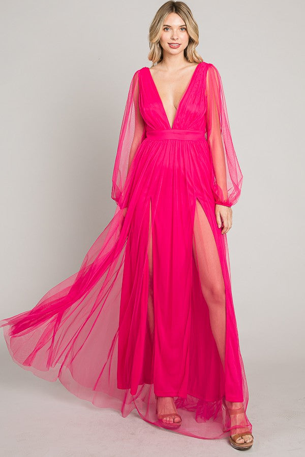 Fuschia Mesh Long Dress