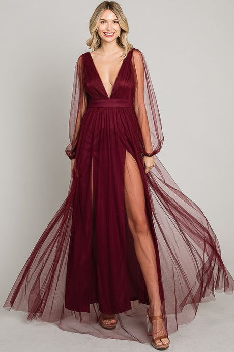 Wine Mesh Long Dress