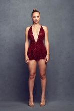 Wine Feather Trim Sequin Mini Romper