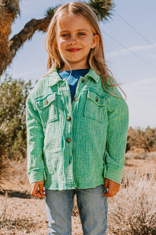 Washed Green Button Front Closure Washed Textured Woven Jacket
