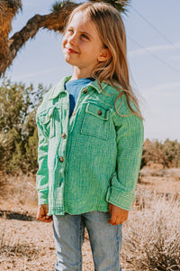 Washed Green Button Front Closure Washed Textured Woven Jacket
