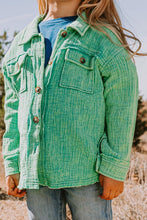 Washed Green Button Front Closure Washed Textured Woven Jacket