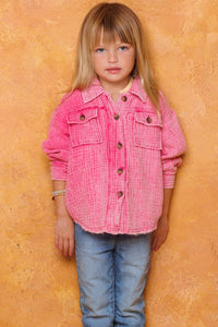 Washed Fuchsia Button Front Closure Washed Textured Woven Jacket