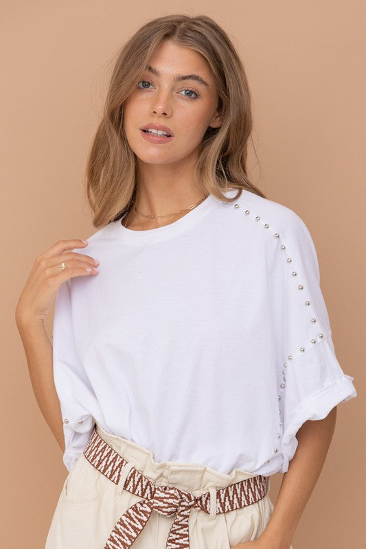 White Studded Over Sized High Low T Shirt