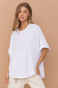 White Studded Over Sized High Low T Shirt