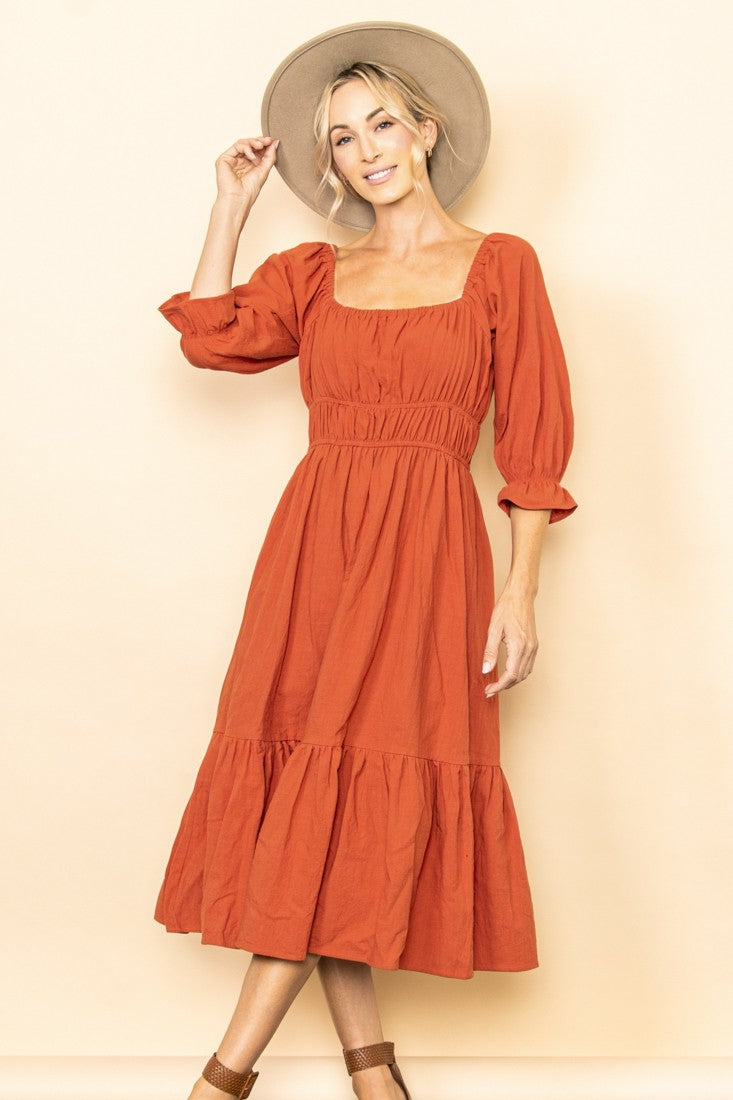 Terra Cotta Cotton Strappy Peasant Midi Dress