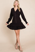Black Tiered Hem Button Down Smocked Sleeve Dress