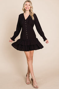 Black Tiered Hem Button Down Smocked Sleeve Dress