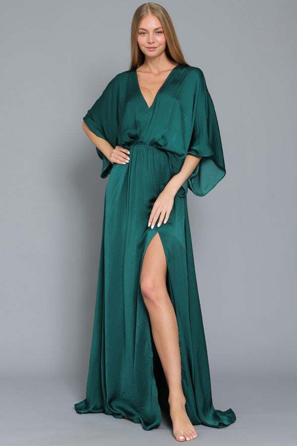 Dark Green Kimono Sleeve Tie Back Neck Elastic Waisted Maxi