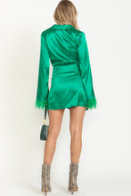 Green Satin Feather Trim Mini Dress