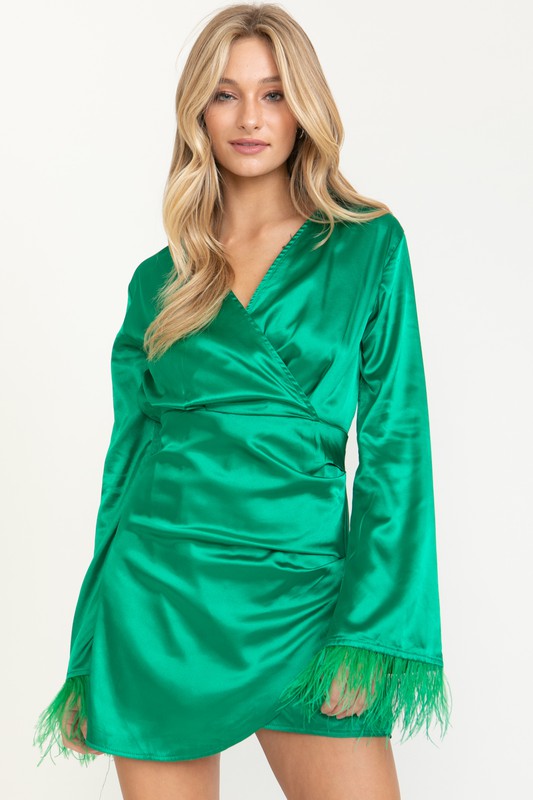 Green Satin Feather Trim Mini Dress