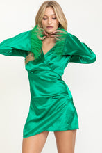 Green Satin Feather Trim Mini Dress