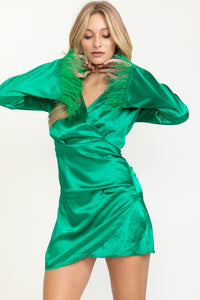 Green Satin Feather Trim Mini Dress